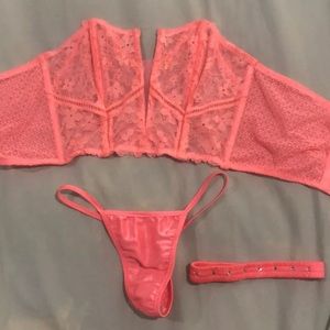 Peach corset top with matching tback and rhinestoned garter. Only worn once!